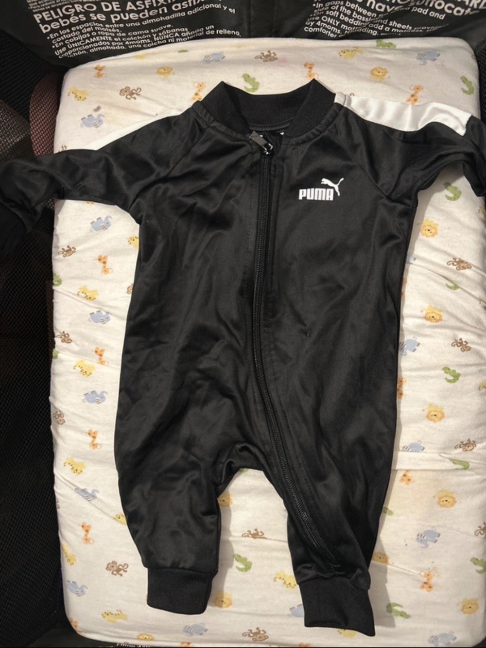 Puma Black Kids Zip Front One-Piece Footie with White Shoulder Accent